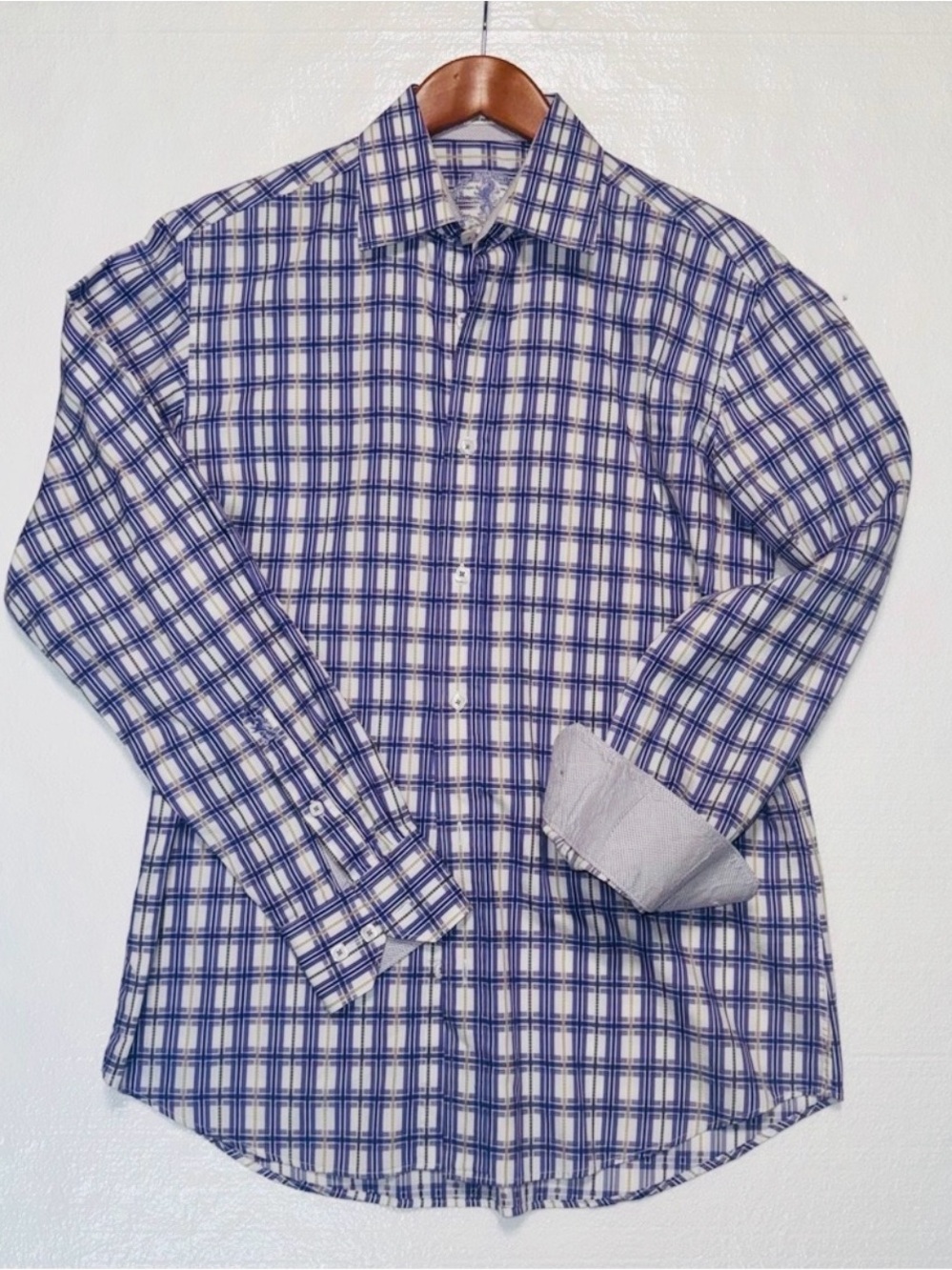 Bugatchi Uomo Shaped Fit Purple Tan‎ Checkered Shirt Square Pearl Buttons Mens M